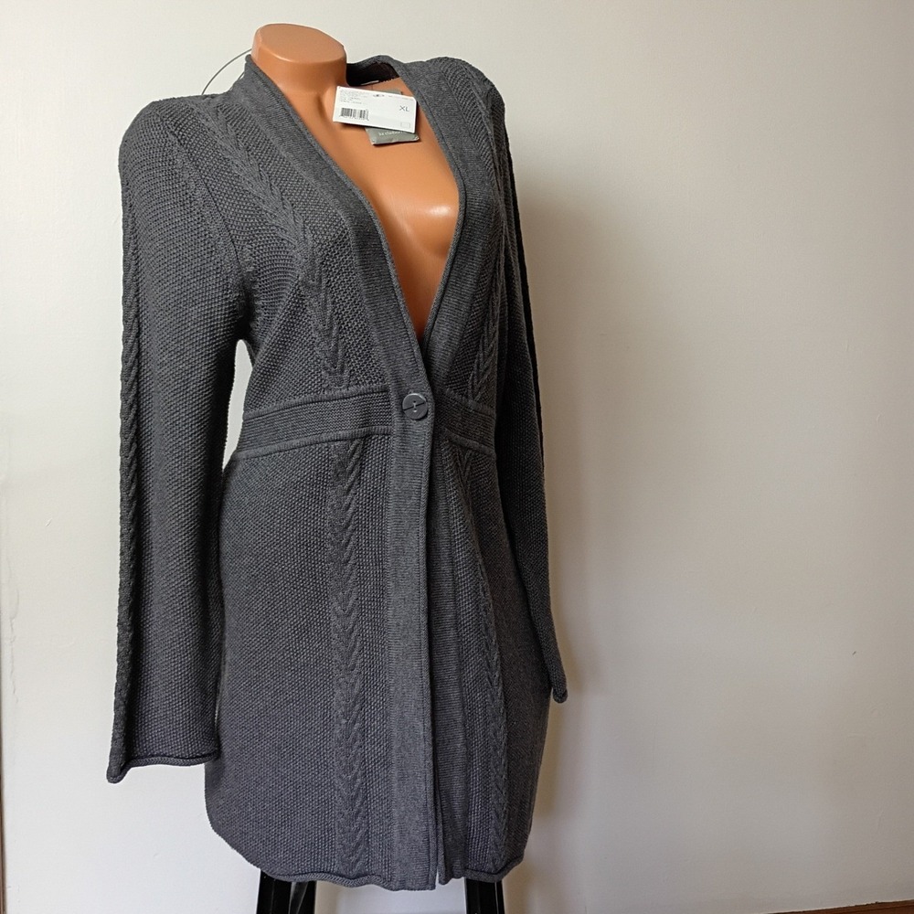 Liz Claiborne Gray Cable Knit Single Button Longline Cardigan Sweater XL NEW